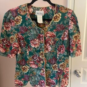 Vintage America Teal Floral Short-Sleeve Blouse with Gold Trim